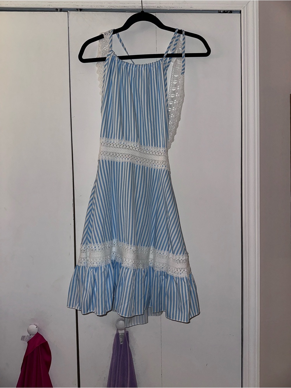 Women’s Coastal Summer Blue and White Striped Lace-Trim Sundress - Size S